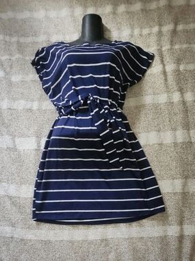 SHEIN Navy and White Striped Tie-Waist Mini Dress